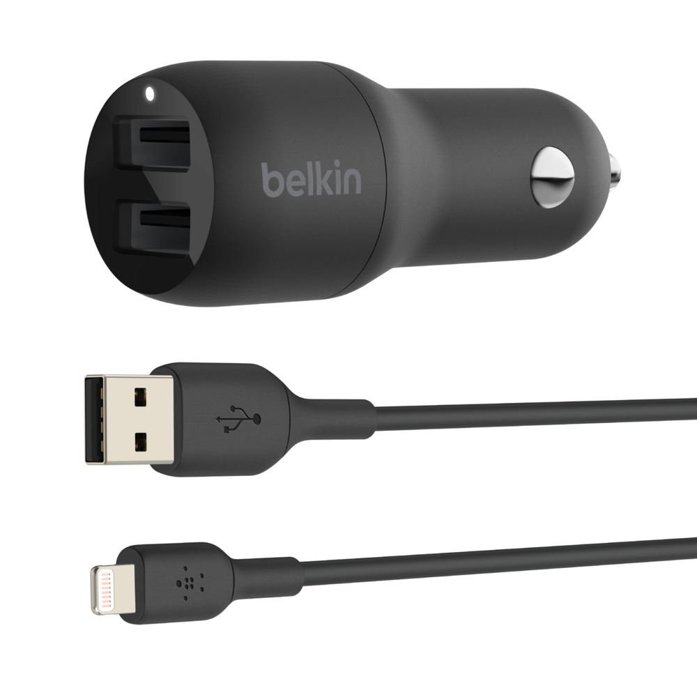 Belkin BOOST CHARGE 2xUSB-A autós töltő 24W + USB-A - Lightning kábel fekete (CCD001bt1MBK)