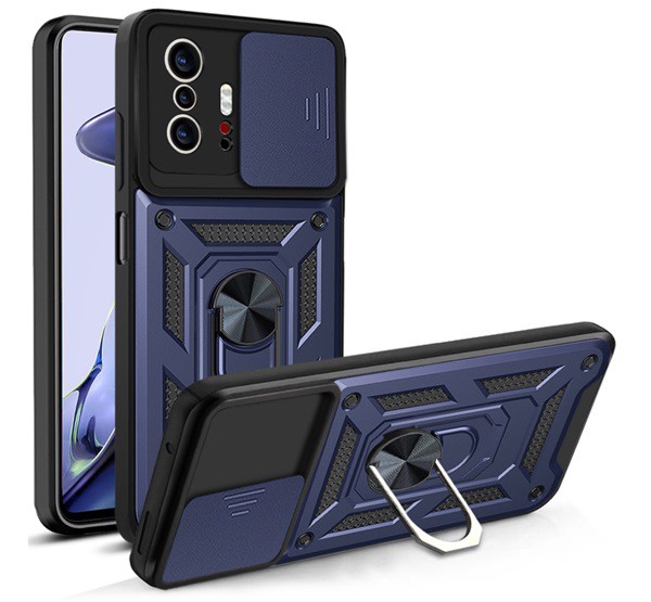 Defender műanyag telefonvédő (közepesen ütésálló, szilikon belső, telefontartó gyűrű, kamera védelem) KÉK [Xiaomi 11T Pro]
