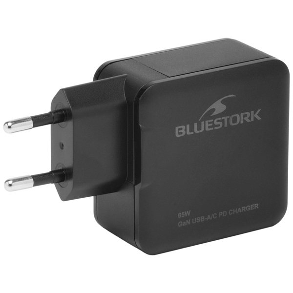 Bluestork PW-BS-65-GAN-C-A USB-C USB-A 65W 1,8m kábel gyorstöltés Hálózati töltő Fekete Bluestork PW-BS-65-GAN-C-A USB-C USB-A 65W 1,8m kábel gyorstöltés Hálózati töltő Fekete