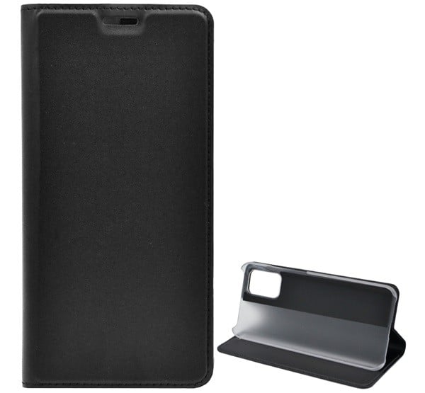Tok álló, bőr hatású (FLIP, oldalra nyíló, asztali tartó funkció) FEKETE [Samsung Galaxy A02s (SM-A025F)]