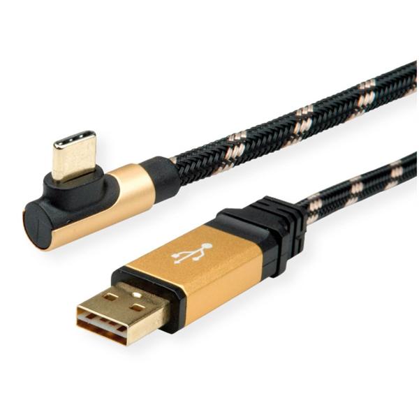 Roline kábel USB-C (90°) - USB-A 2.0,   0,8m, arany-fekete (11.02.9060-10)
