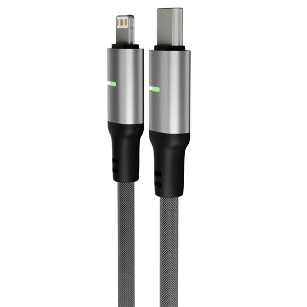 AVAX CB635 STEELY LED 1m 27W USB-C - Lightning fekete fonott gyorstöltő kábel