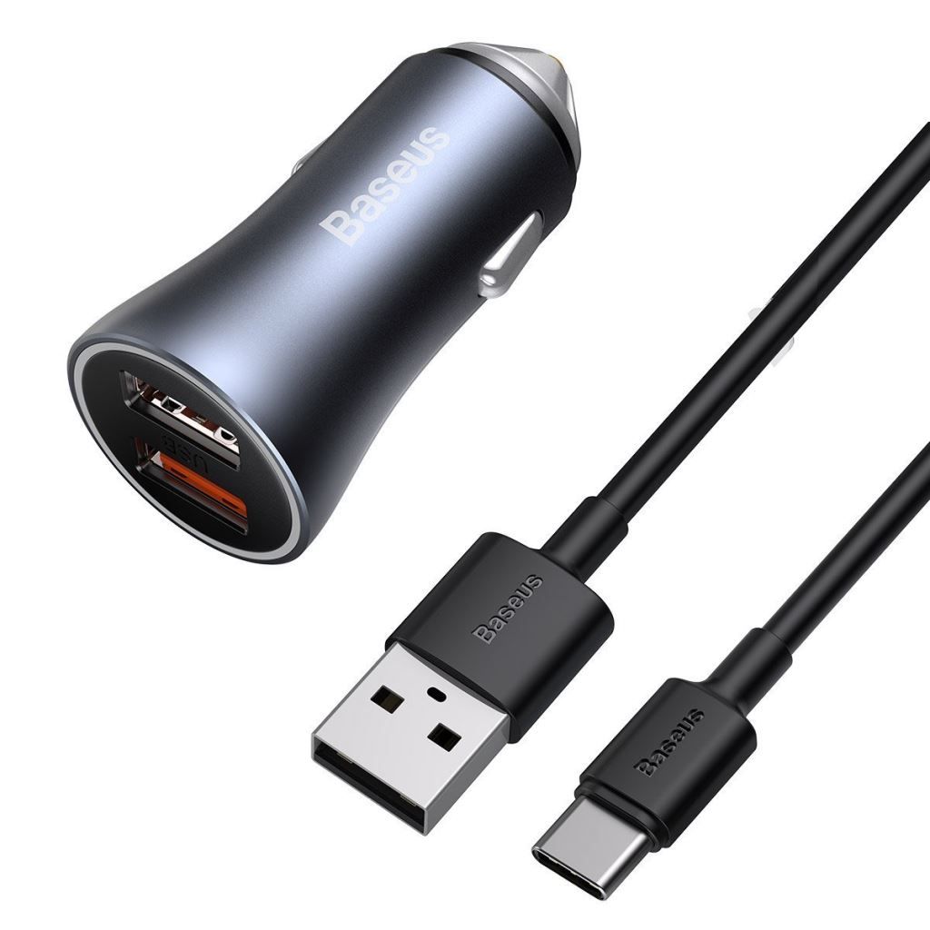 Baseus Golden Contactor Pro autós töltő, 2x USB, QC, SCP, 40W, szürke + USB-USB-C kábel,1m, fekete (TZCCJD-A0G) Baseus Golden Contactor Pro autós töltő, 2x USB, QC, SCP, 40W, szürke + USB-USB-C kábel,1m, fekete (TZCCJD-A0G)