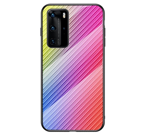 Telefonvédő szilikon keret (BUMPER, edzett üveg hátlap, karbon minta) SZÍNES [Huawei P40 Pro+ 5G]