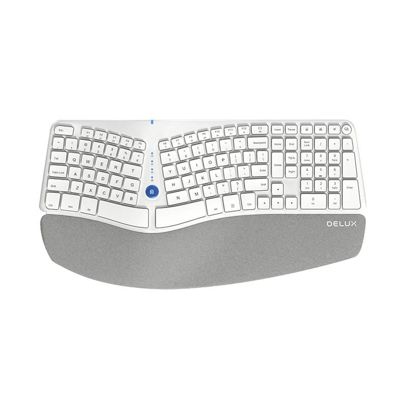 Delux GM901D ergonomikus vezeték nélküli (Bluetooth 3.0, 5.0 és 2.4GHz) angol billentyűzet fehér