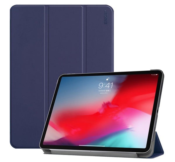 ENKAY tok álló, bőr (aktív FLIP, oldalra nyíló, TRIFOLD asztali tartó funkció, Apple Pen töltés támogatás) SÖTÉTKÉK [Apple IPAD Pro 11 ...