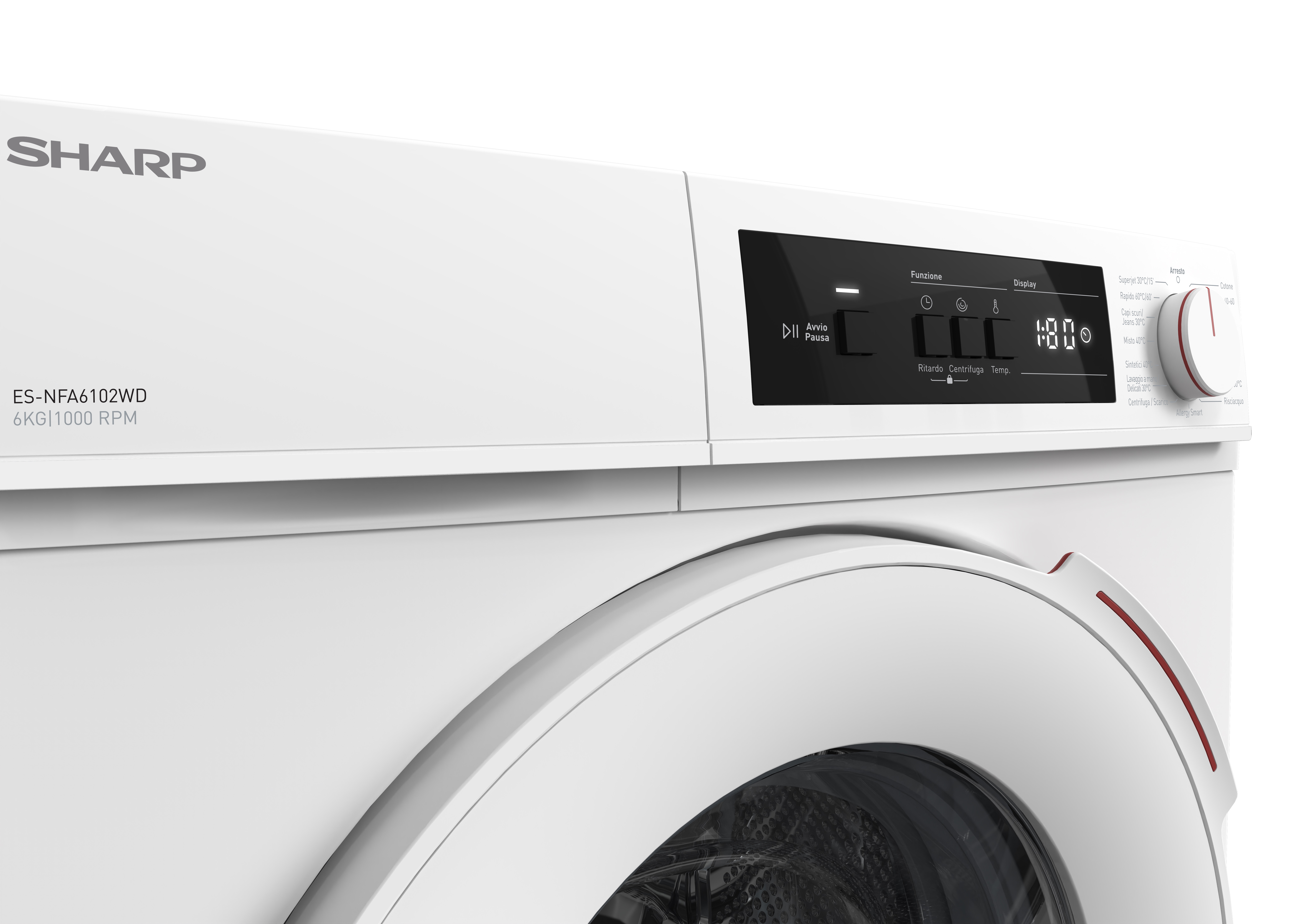 Sharp ES-NFA6102WDEE Elöltöltős keskeny mosógép – 6 kg, 1000 ford./perc, D Energiaosztály, Allergy Smart program, Gőz program