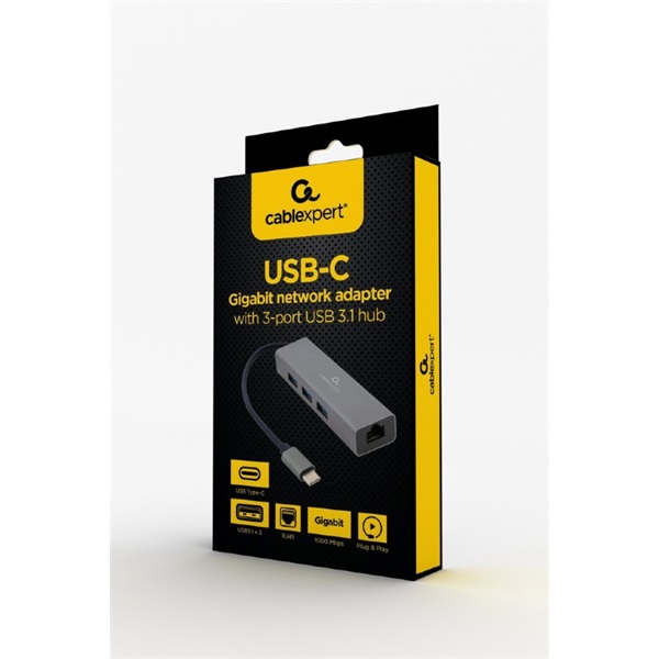 GEMBIRD Adapter, USB-C - RJ45, 3x USB, Gigabit ethernet, 0,17m GEMBIRD Adapter, USB-C - RJ45, 3x USB, Gigabit ethernet, 0,17m