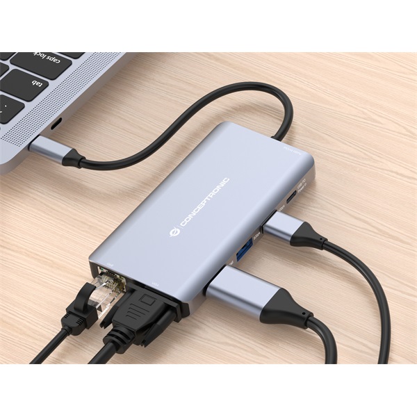 Conceptronic    DONN20G  USB-C to HDMI/VGA/USB-C PD/USB 3.0/SD/TF/GbE/AUX  Notebook Dokkoló