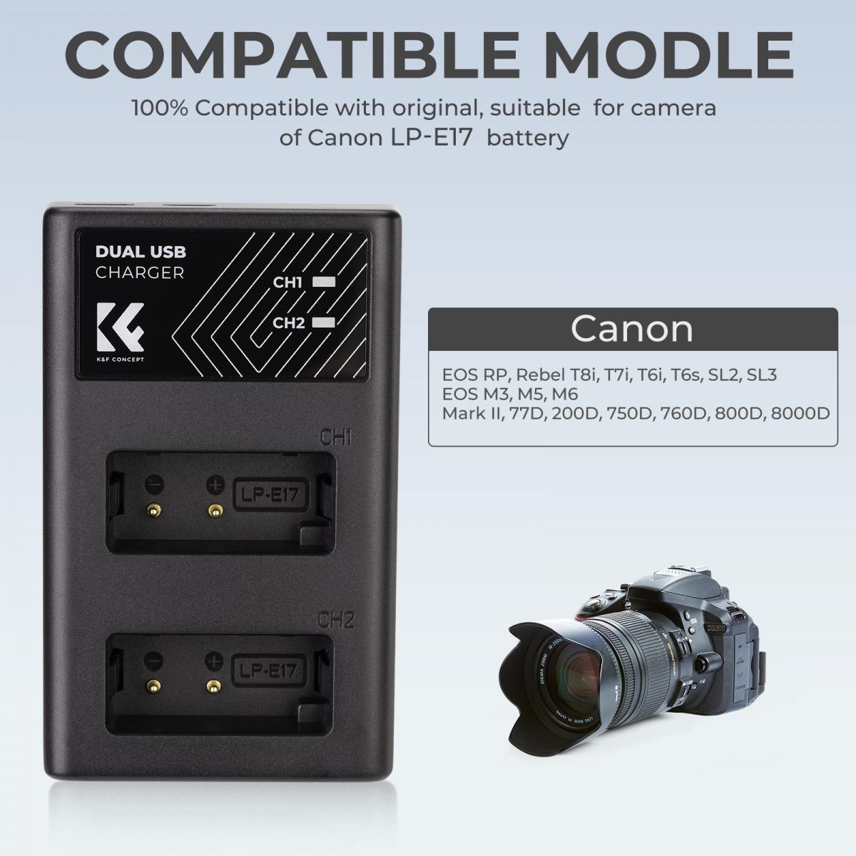 K&F Concept hordozható dupla LC-E17 akkumulátor töltő, USB-C, 2db LP-E17 akkumulátorhoz