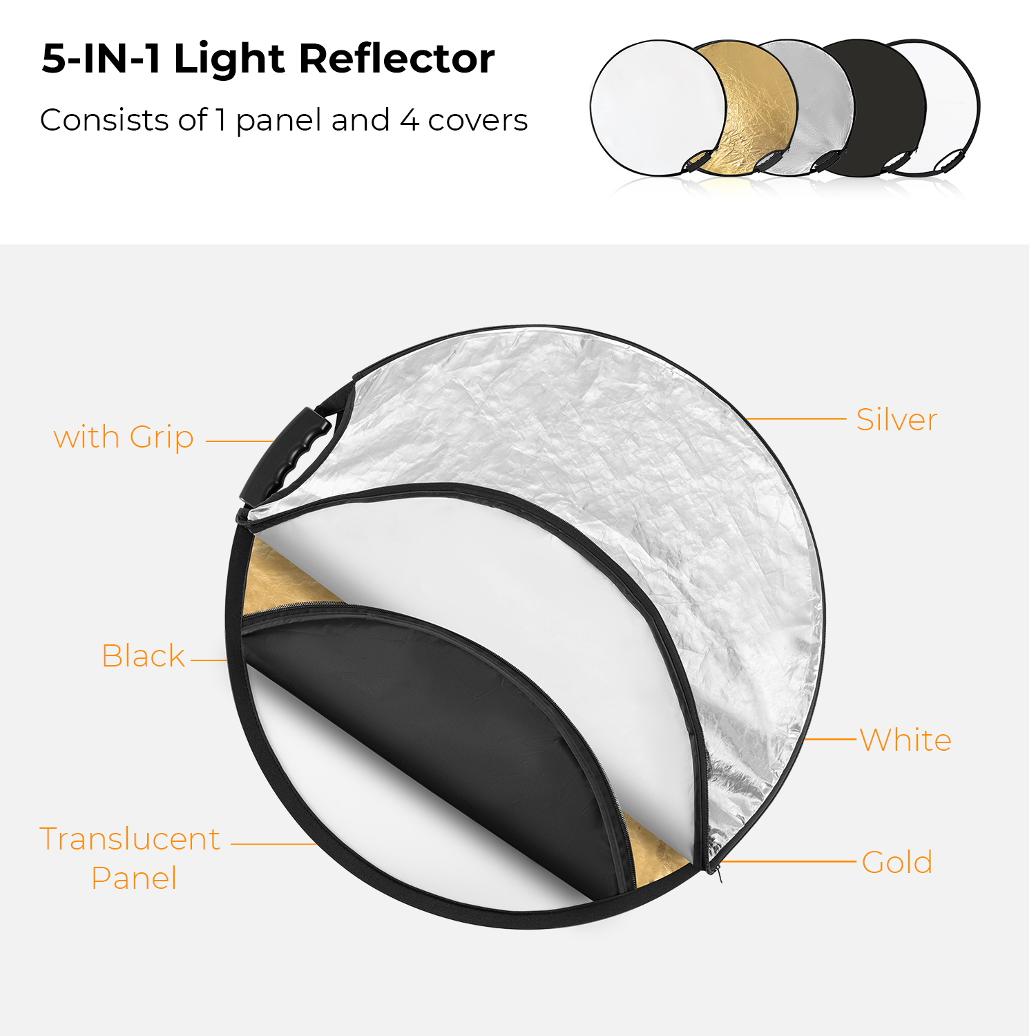 K&F Concept 5in1 derítőlap, reflektor fogantyúval 60cm (feh, fek, arany, ezüst, transp) + hordtáska K&F Concept 5in1 derítőlap, reflektor fogantyúval 60cm (feh, fek, arany, ezüst, transp) + hordtáska