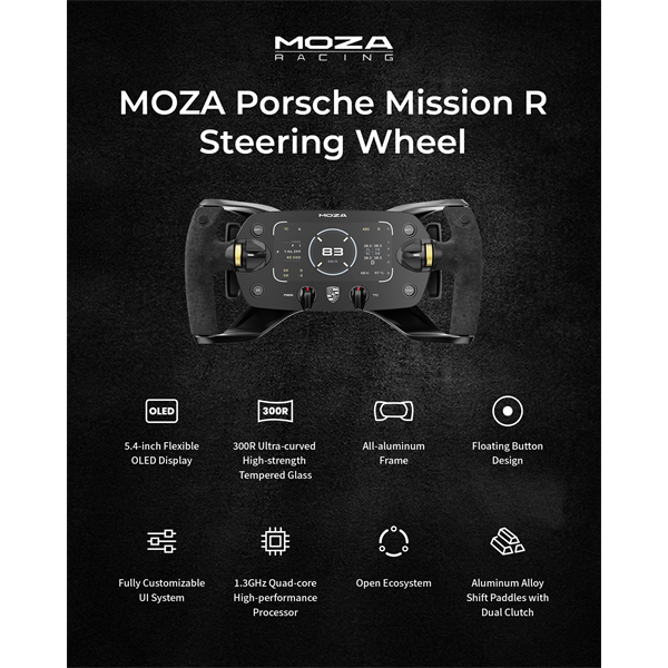 Moza Racing kiegészítő Porsche MISSION R Kormánykerék  Dual-Clutch  RGB  5,4 inch OLED kijelző  320mm