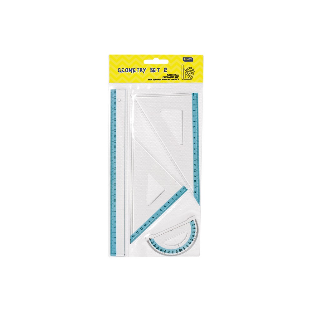 Educa Vonalzókészlet, 30 cm egyenes vonalzó, szögmérő, 45° 13 cm és 60°, 18 cm háromszög vonalzó, 4 db/bliszter  (C-3241)