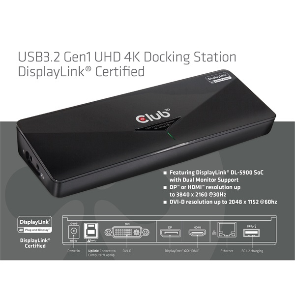 Club 3D  CSV-3103D DUAL DISPLAY/4K 3.2 USB-A to HDMI  DP  DVI-D  3xUSB-A  RJ45  3.5 Jack Audio +Mic Notebook Dokkoló