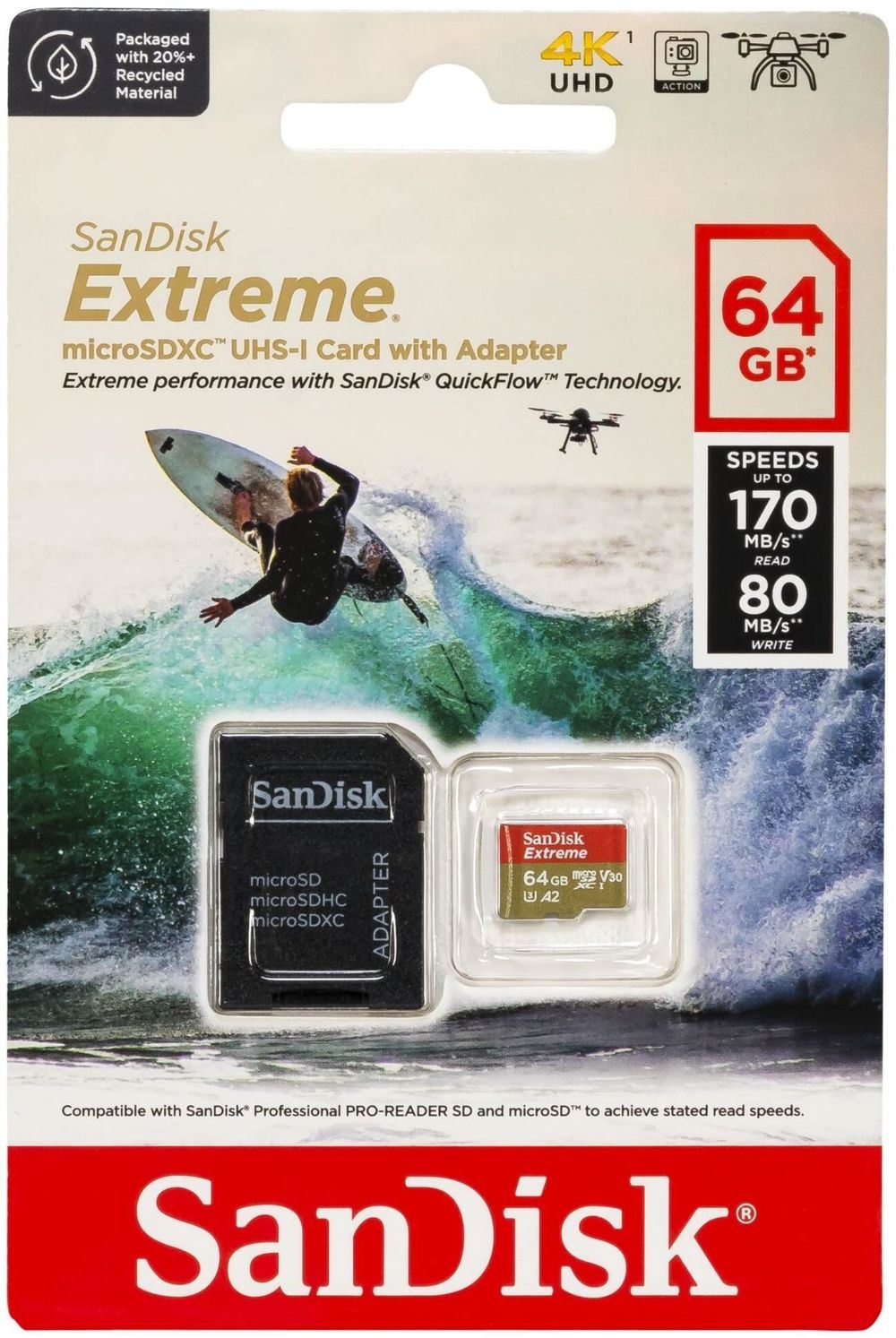 Sandisk 64GB microSDXC Class 10 U3 V30 A2 Extreme Action Cams and Drones + adapterrel