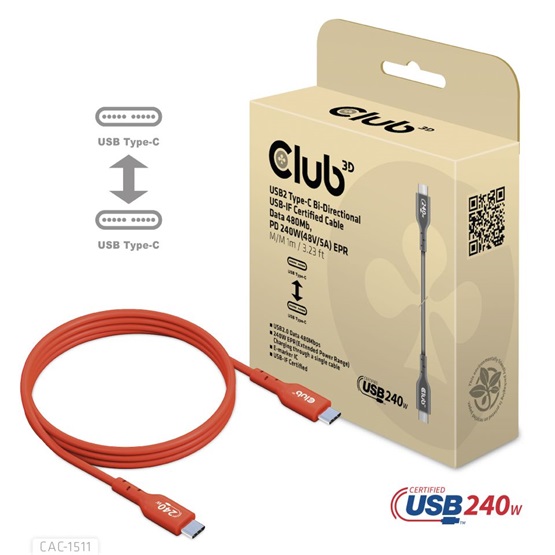 Club3D USB2 Type-C Bi-Directional USB-IF Certified Data 480Mb PD 240W(48V/5A) EPR 1m kábel Club3D USB2 Type-C Bi-Directional USB-IF Certified Data 480Mb PD 240W(48V/5A) EPR 1m kábel