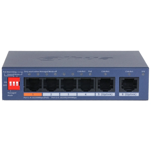 Dahua switch PoE - CS4006-4ET2GT-60 (Cloud Menedzsment; 4x1Gbps PoE; + 2x 1Gbps uplink, 60W)