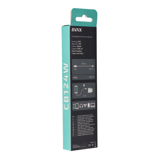  AVAX CB124W PURE 2m USB A-Lightning kábel 2.1A Fehér  