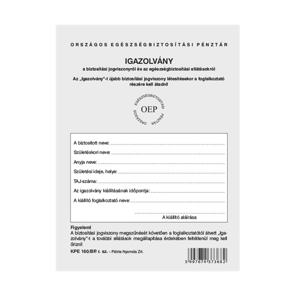 KPE.160/BP TB kiskönyv