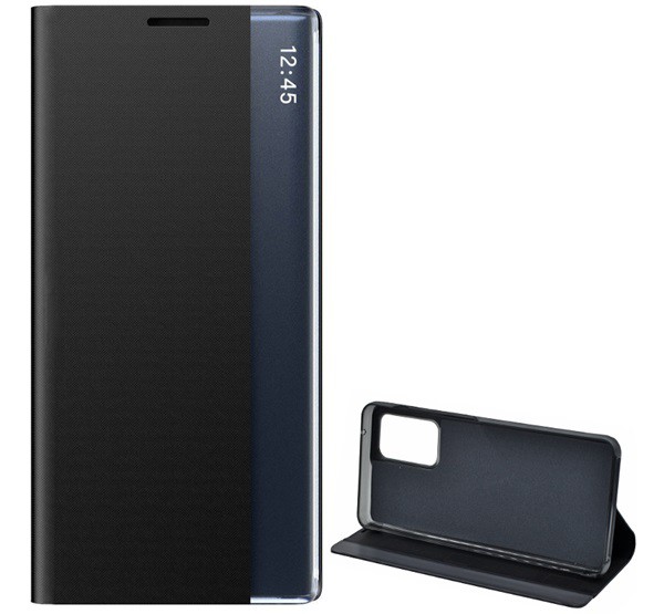 Tok álló, textil hatású (aktív FLIP, oldalra nyíló, asztali tartó funkció, Smart View Cover) FEKETE [Samsung Galaxy A52s 5G (SM-A528)]