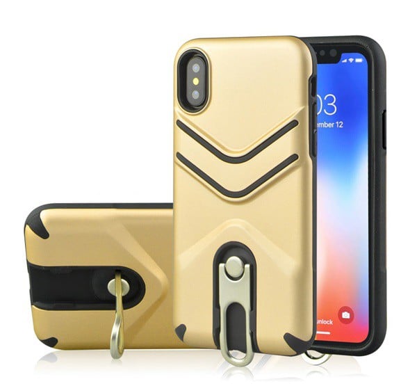 Defender műanyag telefonvédő (közepesen ütésálló, gumírozott, fém kitámasztó) ARANY [Apple iPhone XR 6.1]