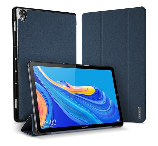 DUX DUCIS DOMO tok álló, bőr hatású (aktív FLIP, oldalra nyíló, TRIFOLD asztali tartó funkció, textil minta) SÖTÉTKÉK [Huawei MediaPad ...