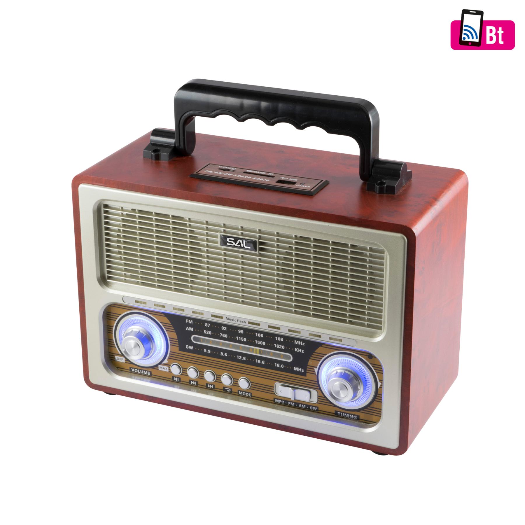 SAL retro táskarádió, stereo multimédia lejátszó, BT, USB/microSD, AUX, 3-sávos rádió, hálózati/elemes (RRT3)