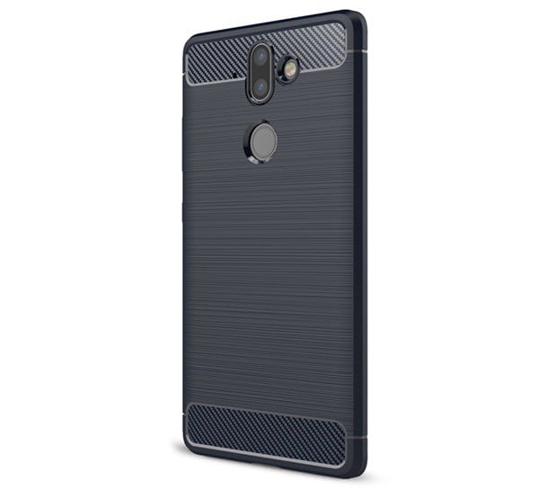 Szilikon telefonvédő (közepesen ütésálló, légpárnás sarok, szálcsiszolt, karbon minta) SÖTÉTKÉK [Nokia 9]