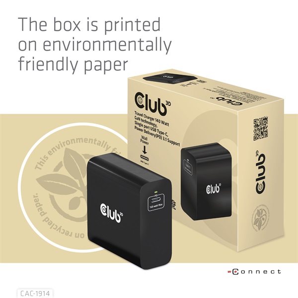 Club 3D   CAC-1914EU 140W GaN USB-C  PD 3.1 Hálózati Töltő