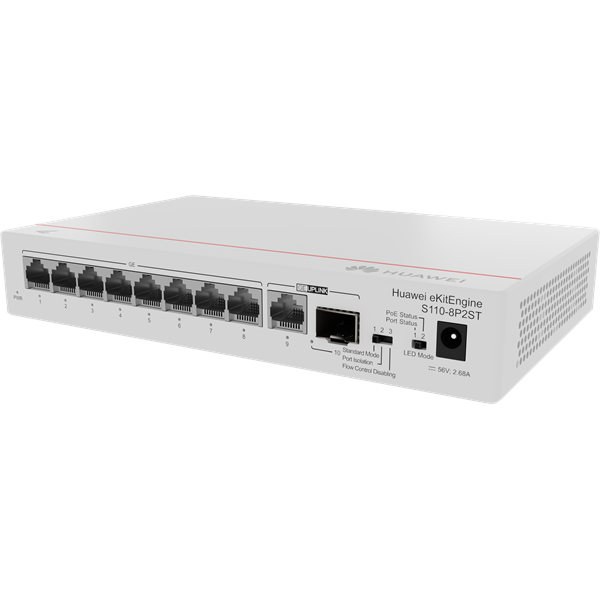 Huawei eKit Switch 8x1000Mbps (POE+) + 1x1GbE + 1x1GE (SFP), Nem menedzselhető, Asztali,  S110-8P2ST