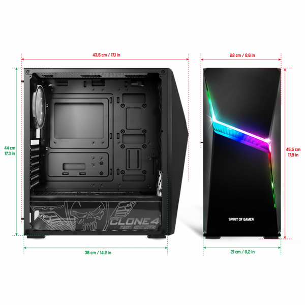Spirit of Gamer Számítógépház - CLONE 4 Black (fekete, ablakos, 8x12cm ventilátor, alsó táp,  ATX, 1xUSB3.0, 2xUSB2.0)