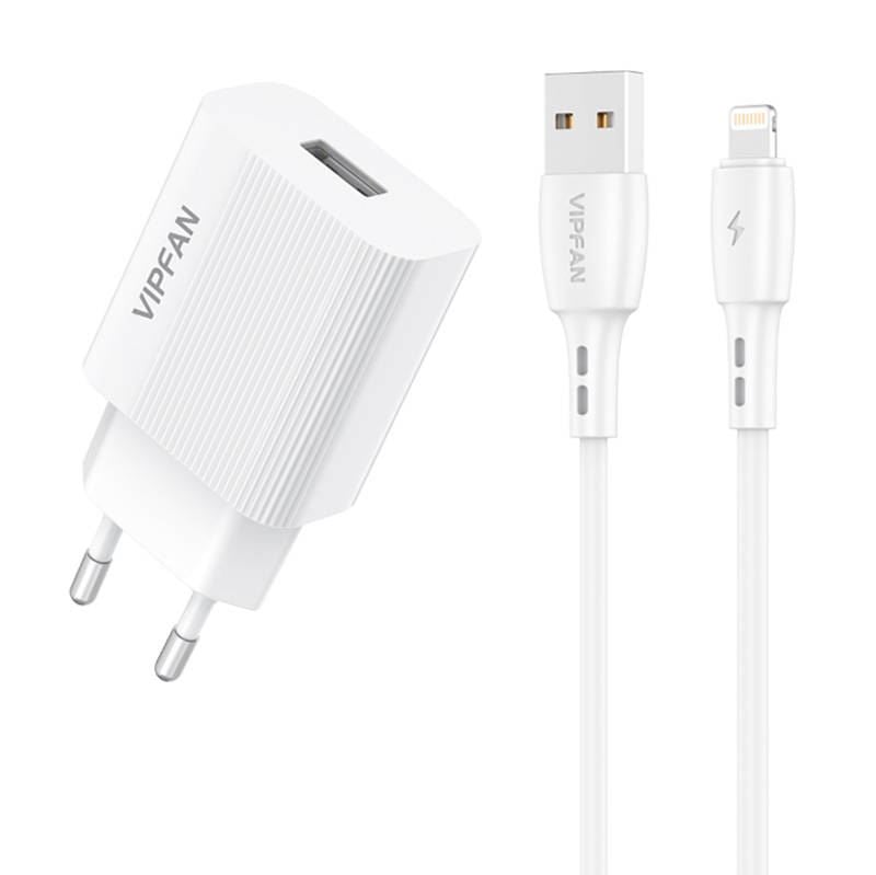 Vipfan E01 hálózati töltő 1xUSB, 2,4A + USB-A - Lightning kábel fehér (E01S-LT)