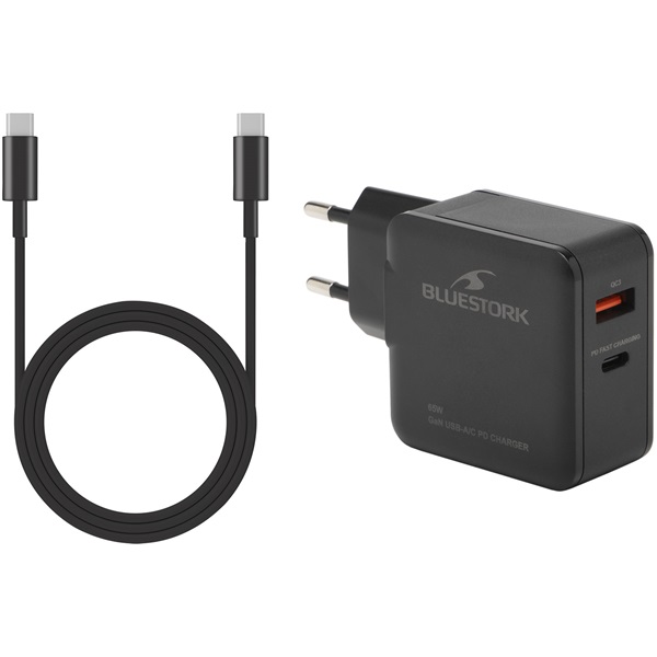 Bluestork PW-BS-65-GAN-C-A USB-C USB-A 65W 1,8m kábel gyorstöltés Hálózati töltő Fekete Bluestork PW-BS-65-GAN-C-A USB-C USB-A 65W 1,8m kábel gyorstöltés Hálózati töltő Fekete