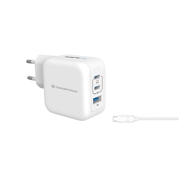 Conceptronic  ALTHEA17W 2xUSB-C+USB-A 67W  USB-C töltő kábel telefon töltő adapter+kábel Fehér
