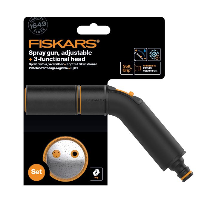 Fiskars 1056493 Comfort locsolópisztoly állítható locsolófejjel + 3 funkciós öntözőfej