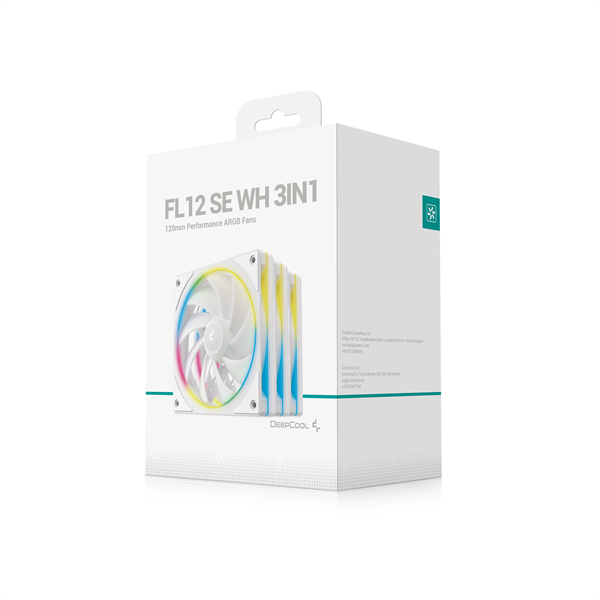 DeepCool 12cm   FL12 SE WH (3in1)  28.67dB  max.86,20 m3/h  3x12cm  3pin  hydro bearing ház hűtésre  RGB  PWM Cooler