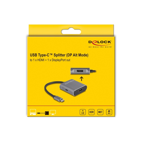 Delock USB Type-C  elosztó (DP Alt Mode) - 1 x HDMI + 1 x DisplayPort MST USB Type-C  PD-vel
