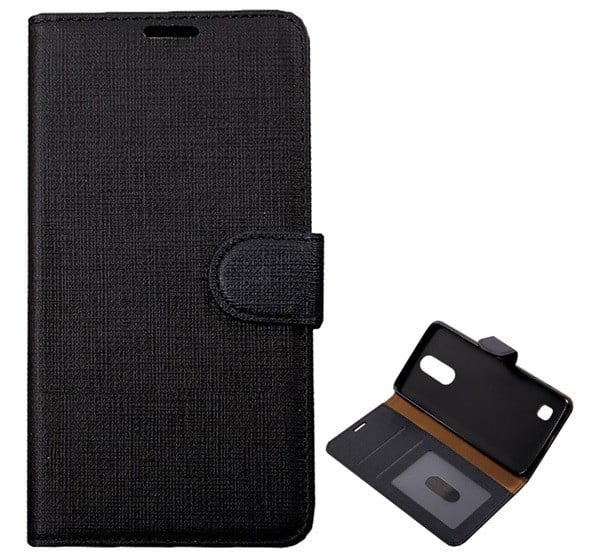 Tok álló, bőr hatású (FLIP, oldalra nyíló, asztali tartó funkció, textil hatás) FEKETE [LG K4 2017 (M160)]