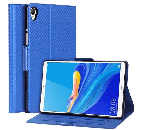 Tok álló, bőr hatású (FLIP, oldalra nyíló, asztali tartó funkció, karbon minta) KÉK [Huawei MediaPad M6 8.4 WIFI]