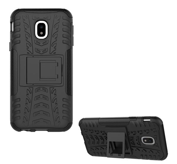 Defender műanyag telefonvédő (közepesen ütésálló, szilikon belső, kitámasztó, autógumi minta) FEKETE [Samsung Galaxy J3 (2017) SM-J330 EU]