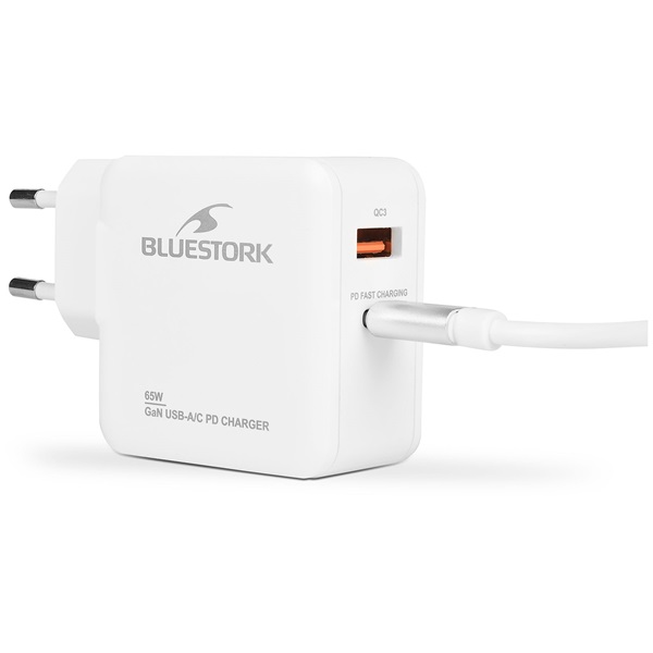 Bluestork    PW-BS-65-GAN-C-A-W USB-C  USB-A 65W 1,8m kábel  gyorstöltés Hálózati töltő Fehér 