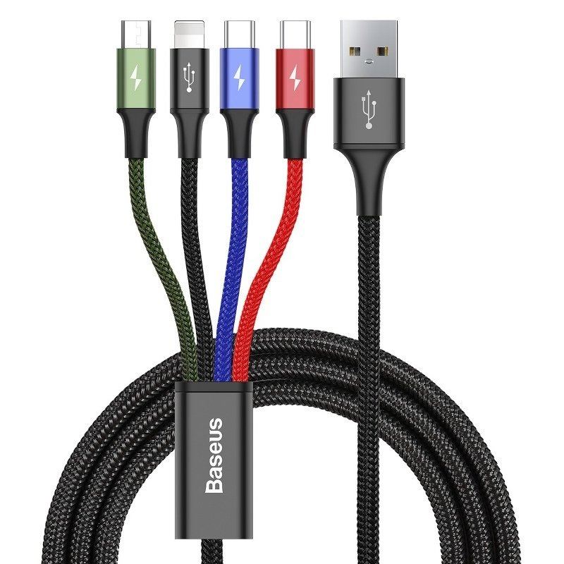 Baseus Fast 4 az 1-ben USB --> 2xUSB-C, Lightning, Micro USB kábel 1.2 m fekete (CA1T4-B01) Baseus Fast 4 az 1-ben USB --> 2xUSB-C, Lightning, Micro USB kábel 1.2 m fekete (CA1T4-B01)