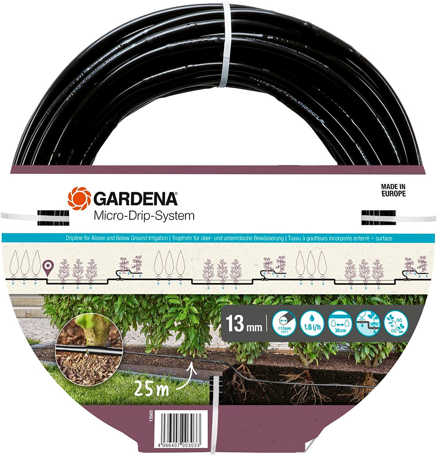 Gardena Micro-Drip-System csepegtető vezeték bokrokhoz/sövényekhez 1,6 l/h, 25 méter, csepegtető (fekete, 2023-as modell, föld felett és ...