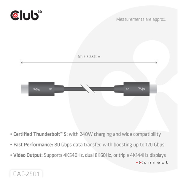 Club 3D CAC-2501  Thunderbolt 5 USB-C to USB-C  240W 80/120 Gbps EPR  8K240Hz  1m Kábel  