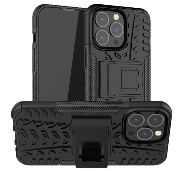 Defender műanyag telefonvédő (közepesen ütésálló, szilikon belső, kitámasztó, autógumi minta) FEKETE [Apple iPhone 13 Pro]