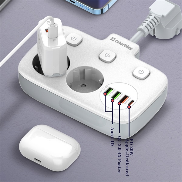 COLORWAY CW-CHE24PDW 2 dugalj 3xUSB-A 1xUSB-C 2m Hálózati elosztó Fekete
