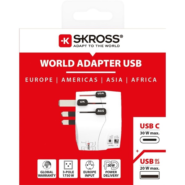 Skross USB A/USB C töltő bemenettel földelt világutazó adapter Skross USB A/USB C töltő bemenettel földelt világutazó adapter
