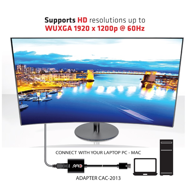 Club 3D CAC-2013  DisplayPort 1.1a to VGA   aktív  WUXGA 1920x1200 @60Hz Átalakító  Fekete