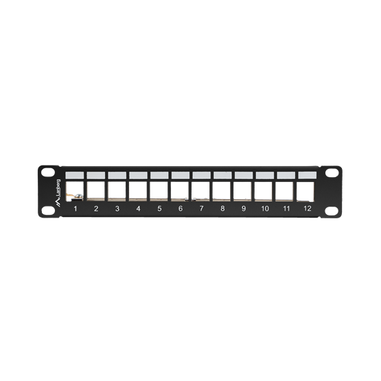 Lanberg Üres patch panel 12 port 1U 10" FTP, árnyékolt, tehermentesítővel, fekete V2