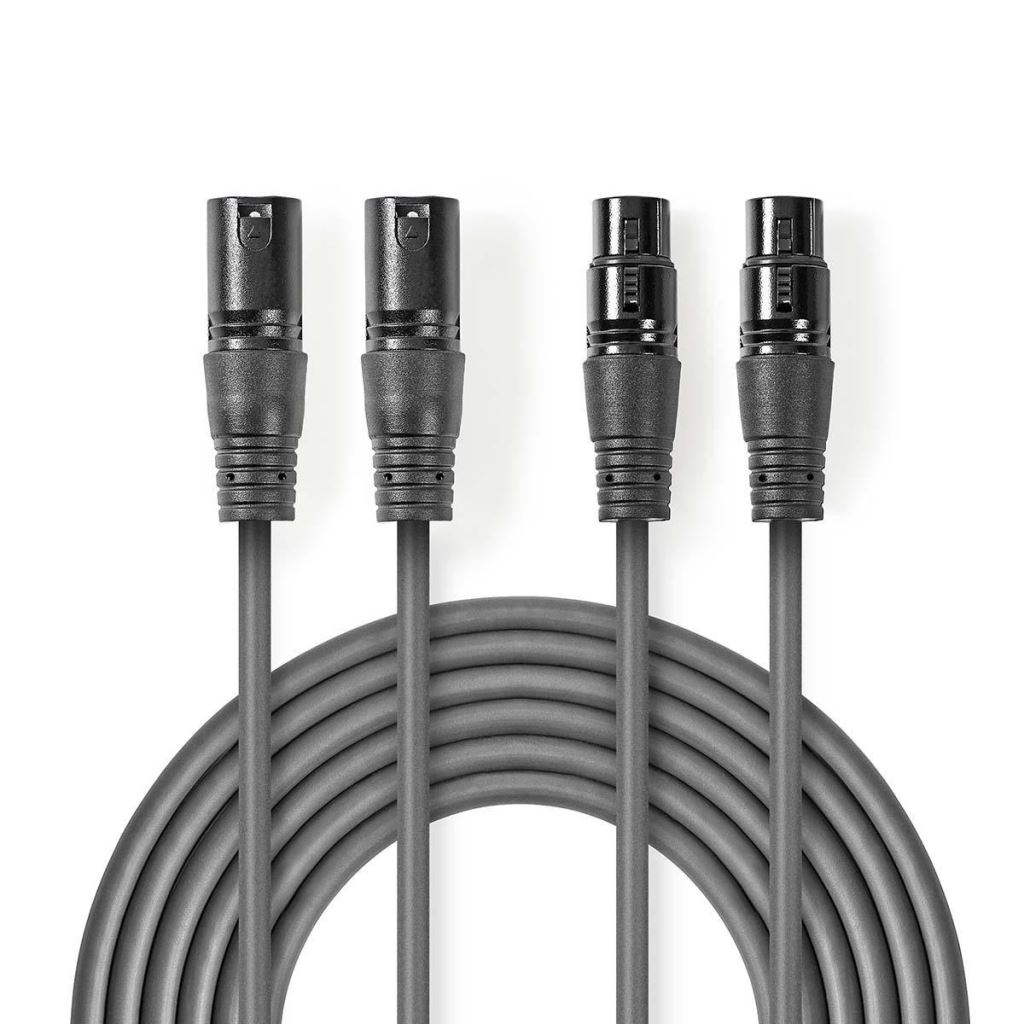 Nedis XLR 3-tűs Dugasz x2, XLR 3-Pin Aljzat x2, PVC, nikkelezett, szimmetrikus audió kábel, 0.5m, sötét szürke (COTH15030GY05)